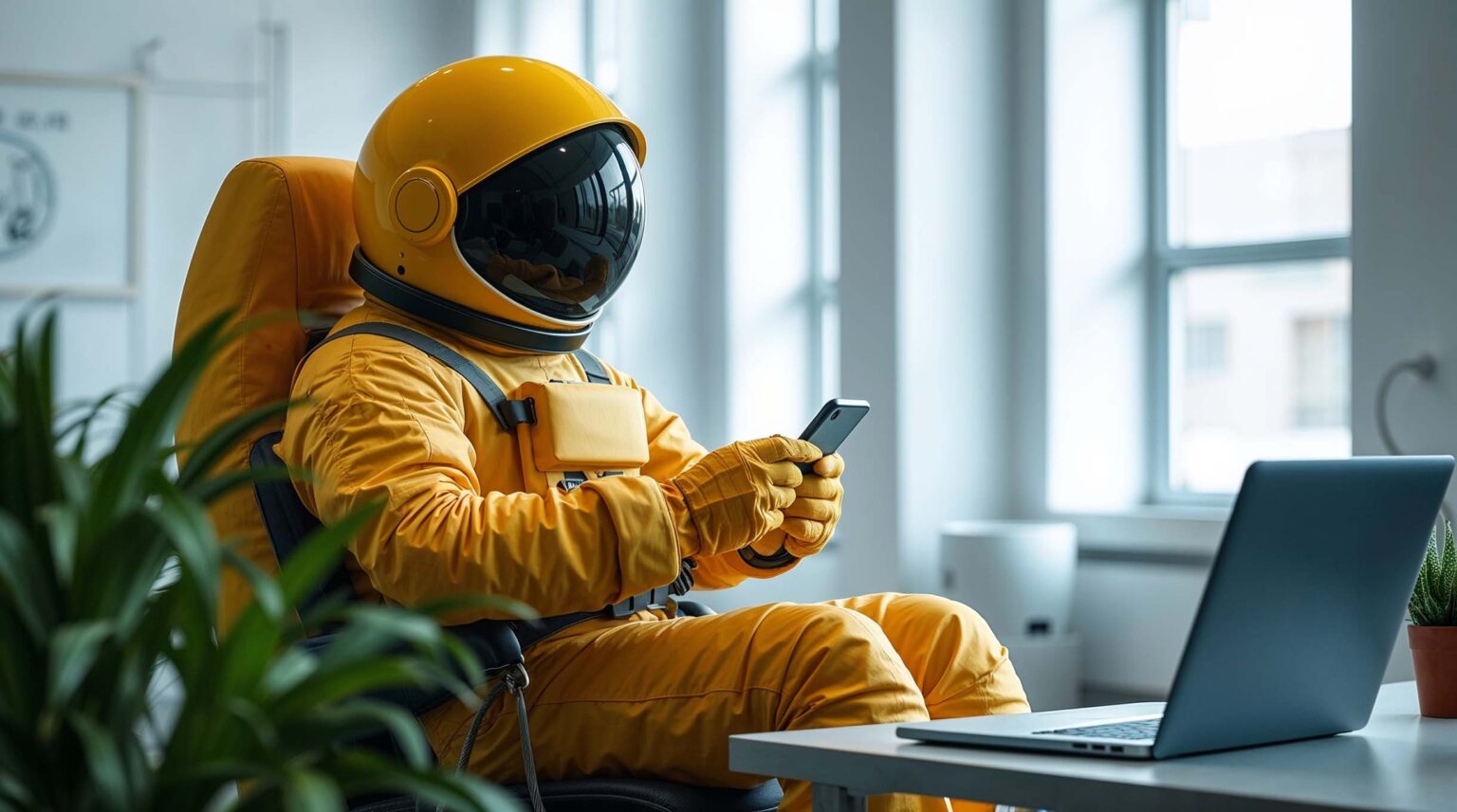 En astronaut i kontorsmiljö tittar på mobilen med en laptop på bordet
