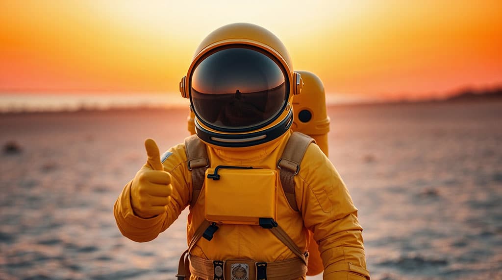 Astronaut som ger tummen upp i solnedgång som symbol för kreativ webbutveckling